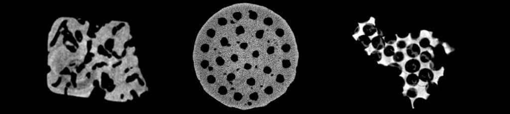 Trois différents biomatériaux poreux imagés en rayons X
